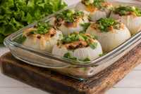 Onion boils topped with cheese and green onions 